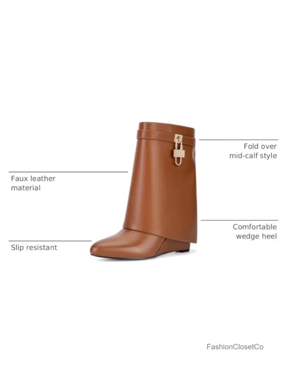 Fold Over Mid Calf Wedge Heel Pull On Padlock Ankle Boots Faux Leather